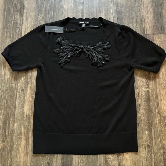 NWT Cable & Gauge Black Short Sleeve Bow Embellished Knit Top Holiday Party S - Picture 4 of 10